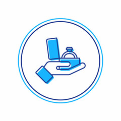 Filled outline Diamond engagement ring in a box icon isolated on white background. Vector