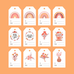Fototapeta na wymiar Set of gift tags for Valentine's Day. Boho rainbows, flower bouquets, wreaths. A collection of present labels with simple cute illustrations and words To, From. Color vector tags on a white background