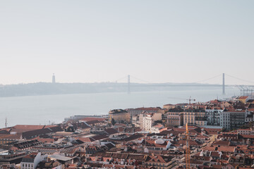 Lisbon downtown with 25 April Brige and Tejo River in the background seen from the Castle of São Jorge