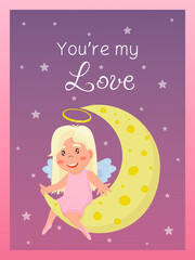 Valentine's Day card with little girl angel on l. Relationship, love, Valentine's day, romantic concept. Vector illustration for banner, poster, postcard, postcard.