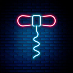 Glowing neon line Wine corkscrew icon isolated on brick wall background. Colorful outline concept. Vector