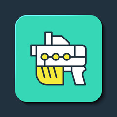 Filled outline Futuristic space gun blaster icon isolated on blue background. Laser Handgun. Alien Weapon. Turquoise square button. Vector