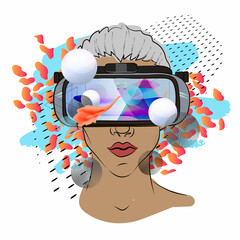 Girl in virtual reality glasses. Atmospheric illustration. - 479340995