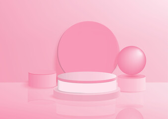Display product podium scene. Abstact 3D product background pink rendering with circle wall scene. Stage for product valentine.