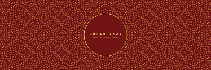 Seamless asian background pattern. Chinese new year premium design. Red and golden abstract geometric wavy lines and curvy waves. Traditional japanese vintage rounded gold ornament.

