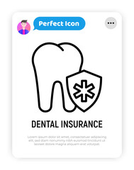 Dental insurance thin line icon: tooth under medical shield. Modern vector illustration.