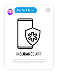 Medical insurance app on smartphone. Thin line icon. Modern vector illustration.
