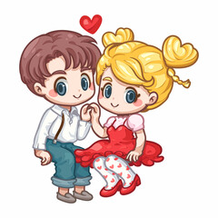 Cute cartoon illustration of a couple sitting holding hands, Cartoon illustration for sticker, card, badge, various print media or It can be used as part of the overall design.
