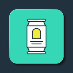 Filled outline Beer can icon isolated on blue background. Turquoise square button. Vector