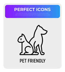 Pet friendly symbol: cat and dog silhouettes thin line icon. Modern vector illustration for pet shop, logo for vet clinic.