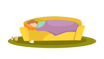 The sick girl lies on the sofa under a blanket. Flu, pandemic. Vector cartoon illustration