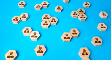 Business people on hexagonal figures. Searching for candidates, hiring new employees for vacancies. Human resources. Personnel management. Communication, organize of work relations of company workers.
