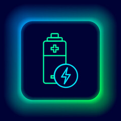 Glowing neon line Battery icon isolated on black background. Lightning bolt symbol. Colorful outline concept. Vector