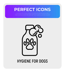 Pet shampoo thin line icon: bottle with paw. Modern vector illustration for pet shop.