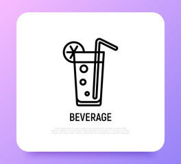 Cocktail. Beverage with straw and lemon thin line icon. Modern vector illustration.