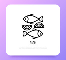 Fish dish with lemon thin line icon. Modern vector illustration for logo.