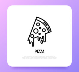 A piece of pizza with flowing down cheese. Thin line icon of fast food. Modern vector illustration.