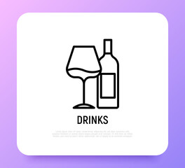Wine bottle and wine glass thin line icon. Romantic dinner. Modern vector illustration.