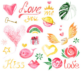 Watercolor set of elements love. Template for decorating designs and illustrations.	

