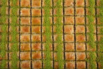 Traditional Turkish Pastry Dessert pistachio Baklava. Baklava shop. Turkish pistachio and yufka...