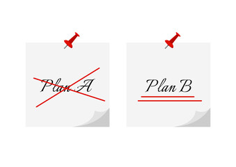 Plan A, B on office memo stickers with push pin. Crossed out failure plan a and underlined alternative option b. Business planning and management concept of choice. Flat design vector illustration.