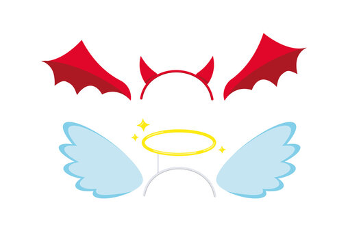 Devil and angel headband and wings costume attributes icon set isolated on white background. Horns and halo hat on band, angelic and evil wings photo props. Flat design cartoon vector illustration.