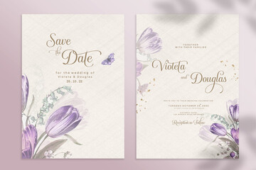 Double Sided Wedding Invitation Template with Purple Flower