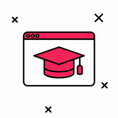 Filled outline Online education and graduation icon isolated on white background. Online teacher on monitor. Webinar and video seminar learning. Vector