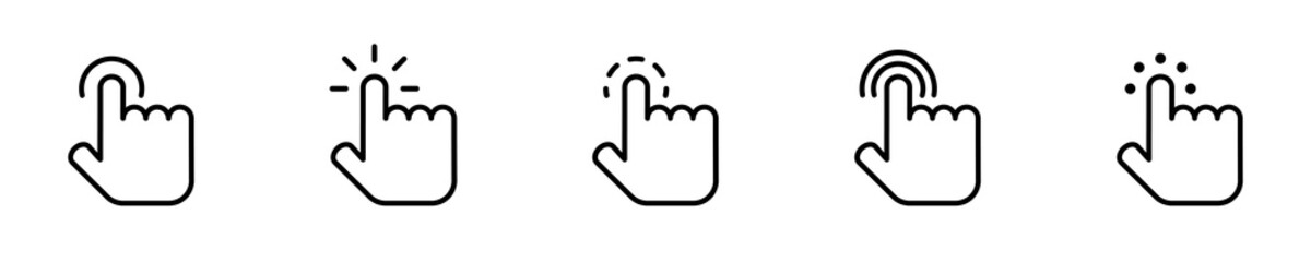 Conjunto de iconos de clics táctil del cursor. Pantalla táctil del dedo. Señalando clics con la mano. ilustración vectorial - obrazy, fototapety, plakaty
