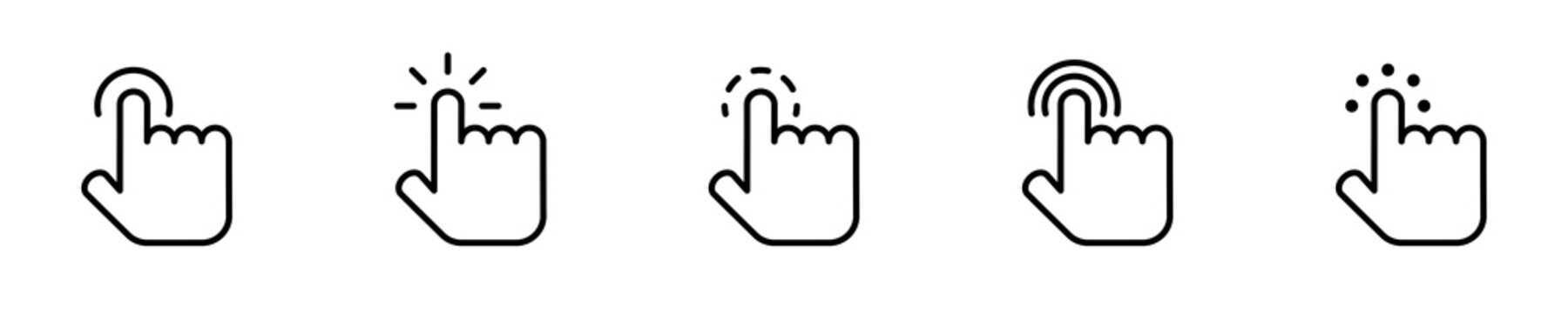 Conjunto de iconos de clics táctil del cursor. Pantalla táctil del dedo. Señalando clics con la mano. ilustración vectorial