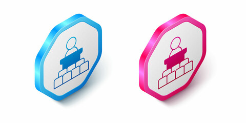Isometric Speaker icon isolated on white background. Orator speaking from tribune. Public speech. Person on podium. Hexagon button. Vector