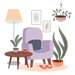 Cozy interior with an armchair, a floor lamp, houseplants and a coffee table. Vector illustration.