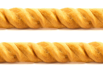 Two wheat loaves of French baguettes isolated on white background for seamless pattern. Use in the design and interior of a bakery, cafe, restaurant. Suitable for creating web banners or borders
