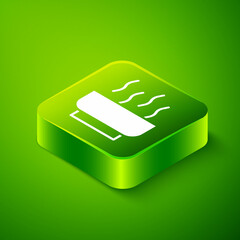 Isometric Ramen soup bowl with noodles icon isolated on green background. Bowl of traditional asian noodle soup. Green square button. Vector