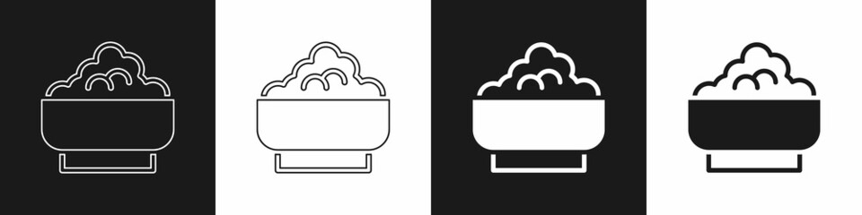 Set Rice in a bowl icon isolated on black and white background. Traditional Asian food. Vector
