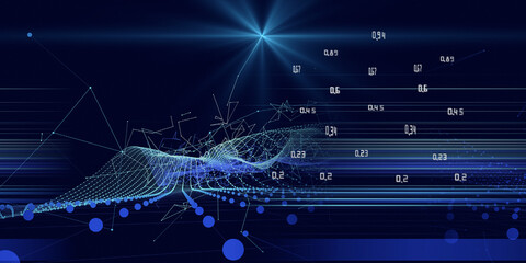 Abstract technology background with polygonal noisy grid and data on blue. Analytics data algorithms. Quantum concept. Banner for business, science and technology. Big Data.