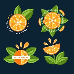 Set of logos, emblems, badges with orange, green leaves, fruit slices. Good for decoration of food packaging, groceries, agriculture stores, advertising. Flat style