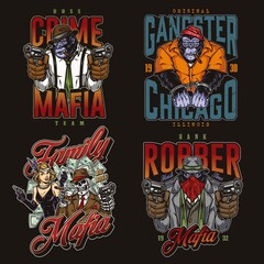 Colorful vintage mafia emblems set