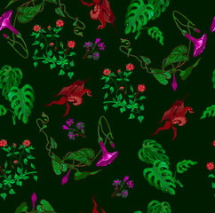 seamless pattern of flowers and leaves on a dark background for the decoration of fabrics and different designs