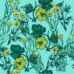 seamless pattern of flowers and leaves on a dark background for the decoration of fabrics and different designs