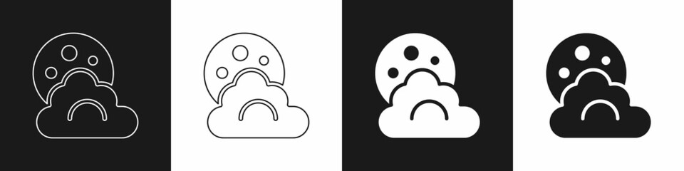 Set Cloud with moon icon isolated on black and white background. Cloudy night sign. Sleep dreams symbol. Night or bed time sign. Vector