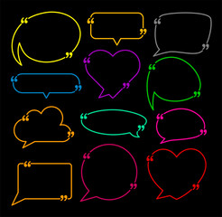 Set of isolated speech bubbles of different shapes with quotes on black background.