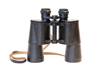 Black binocular isolated on a white background, side view. Equipment for hunters, travelers,...