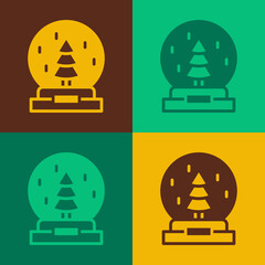 Pop art Christmas snow globe with fallen snow and christmas tree icon isolated on color background. Merry Christmas and Happy New Year. Vector