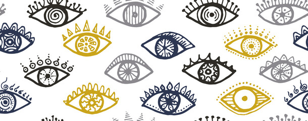 Hand drawn human eyes colorful seamless ornament.