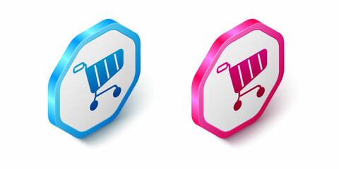 Isometric Shopping cart icon isolated on white background. Online buying concept. Delivery service sign. Supermarket basket symbol. Hexagon button. Vector
