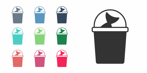 Black Fishing bucket with fish icon isolated on white background. Fish in a bucket. Set icons colorful. Vector