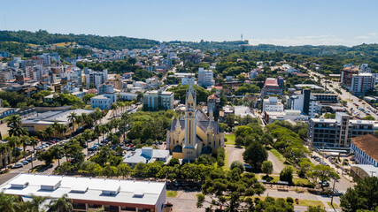 Nova Prata RS. Aerial view of the church and city of Nova Prata, Rio Grande do Sul