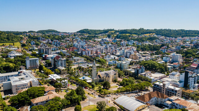 Nova Prata RS. Aerial view of the church and city of Nova Prata, Rio Grande do Sul