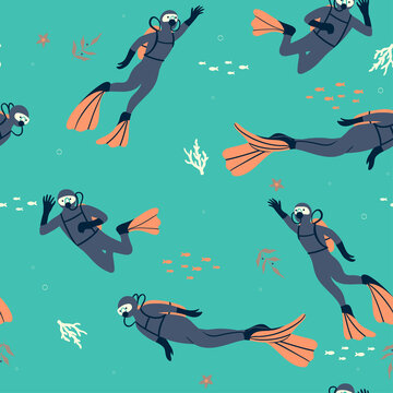 Seamless marine pattern with divers. Vector graphics.